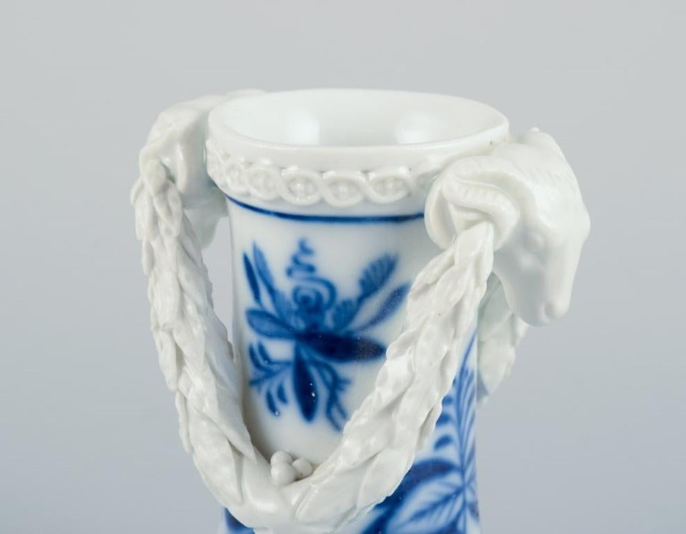 20th Century Meissen, Germany. Blue Onion pattern. Rare miniature vase with ram's heads. For Sale