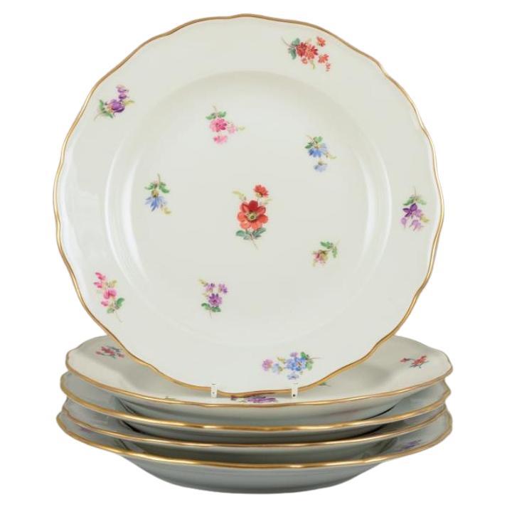 Meissen, Germania. Cinque piatti da portata in porcellana con fiori policromi
