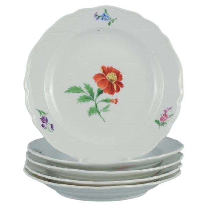 Meissen, Allemagne. Cinq assiettes en porcelaine décorées de fleurs.