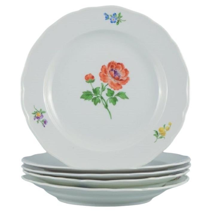 Meissen, Allemagne. Cinq assiettes plates en porcelaine décorées de fleurs. en vente