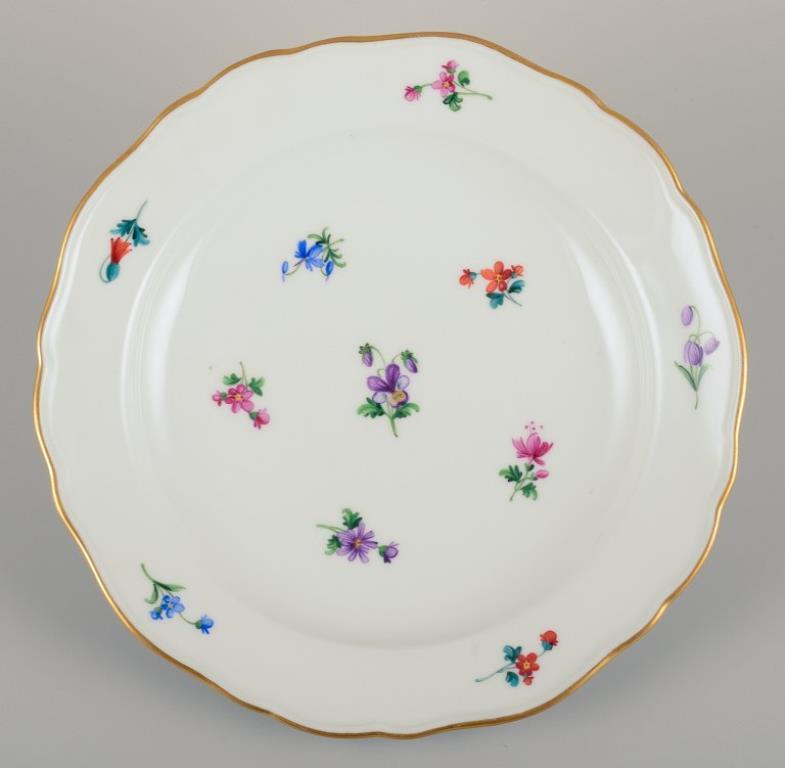 Tedesco Meissen, Germania. Cinque piatti di porcellana con motivi floreali e cerchi dorati in vendita