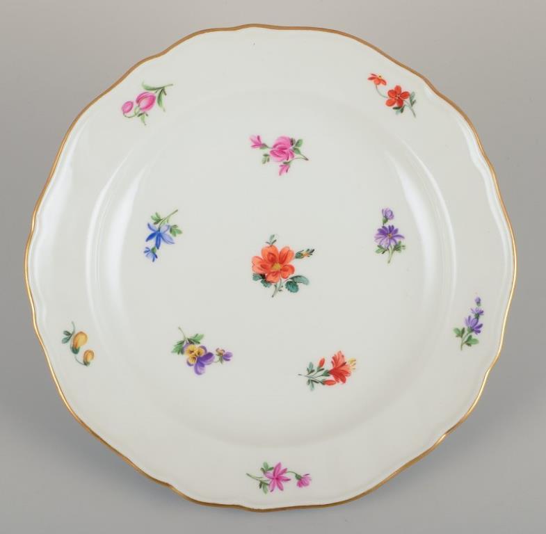 Dipinto a mano Meissen, Germania. Cinque piatti di porcellana con motivi floreali e cerchi dorati in vendita