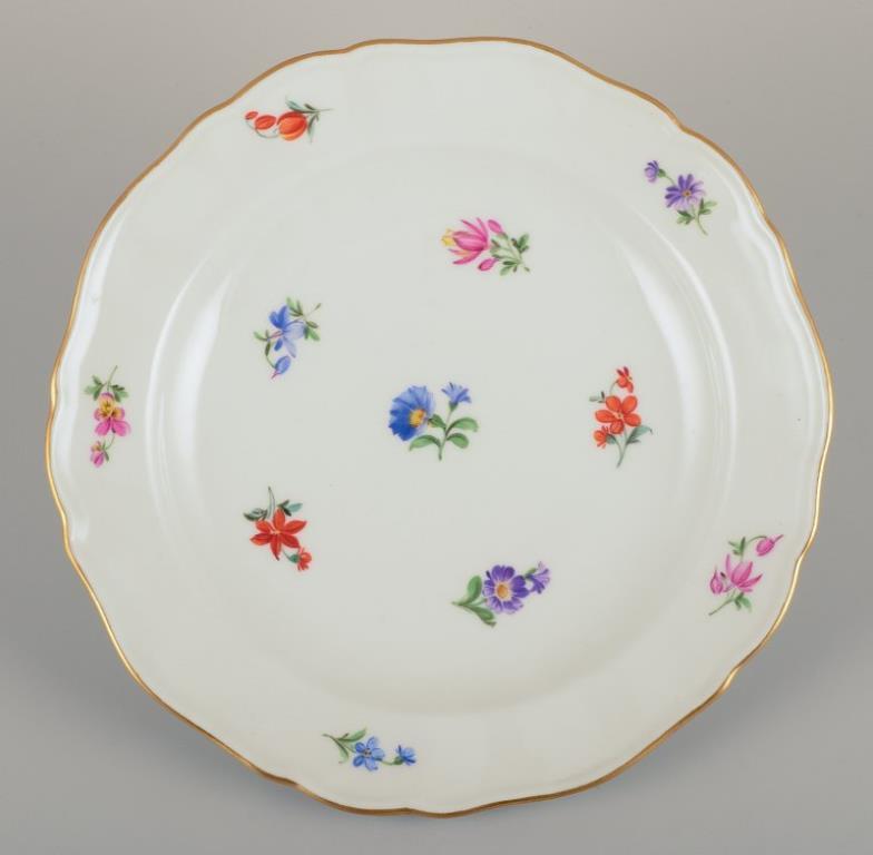 Inizio XX secolo Meissen, Germania. Cinque piatti di porcellana con motivi floreali e cerchi dorati in vendita