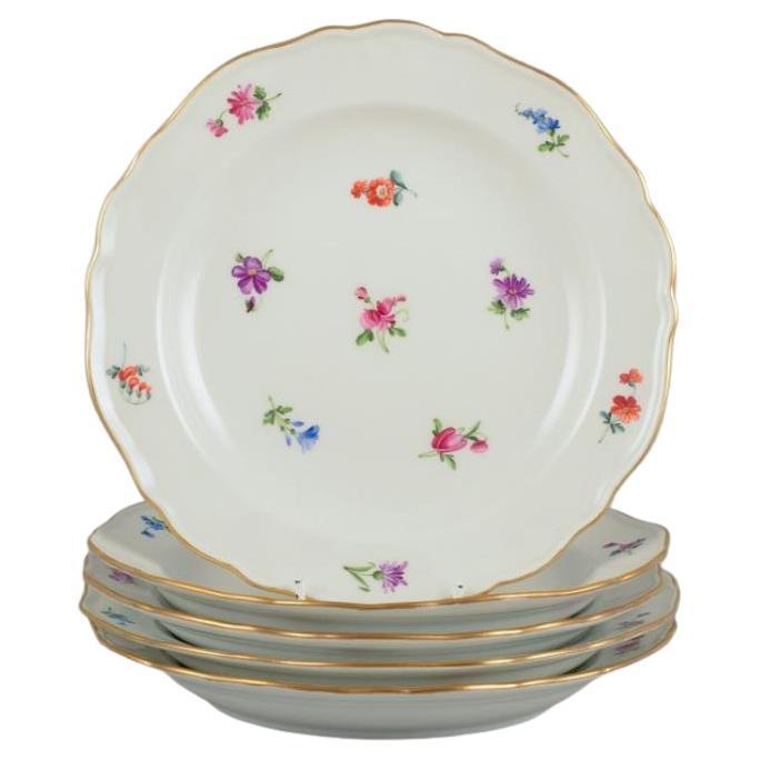 Meissen, Germania. Cinque piatti di porcellana con motivi floreali e cerchi dorati