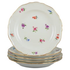 Meissen, Germania. Cinque piatti di porcellana con motivi floreali e cerchi dorati