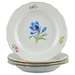 Meissen, Germany, Four Porcelain Plates Hand Painted with Various Floral Motifs 