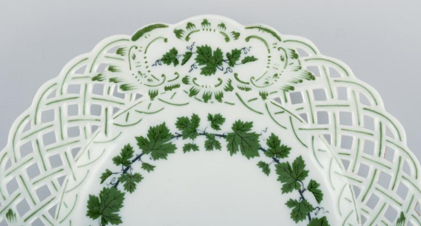Hand-Painted Meissen, Germany, Green Ivy Vine, eleven small plates with reticulated edges For Sale
