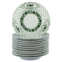 Meissen, Germany, Green Ivy Vine, eleven small plates with reticulated edges