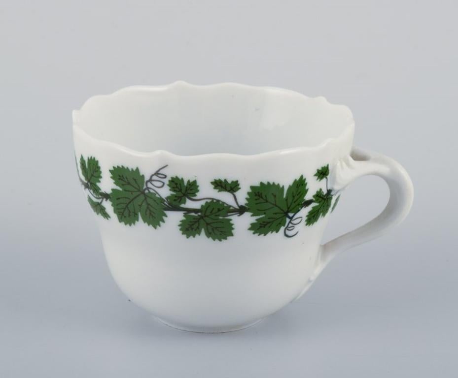 Hand-Painted Meissen, Germany. Green Ivy Vine, set of five demitasse cups with saucers For Sale