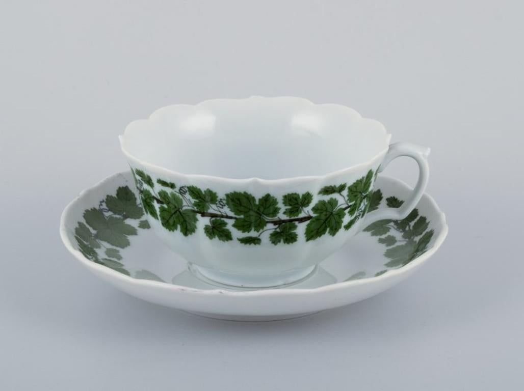 Hand-Painted Meissen, Germany, Green Ivy Vine. Set of six tea cups with saucers. For Sale