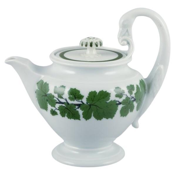 Meissen, Germany, Green Ivy Vine, teapot with swan-shaped handle.  For Sale