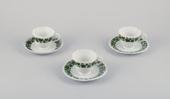 Meissen, Germany, Green Ivy Vine, three coffee cups with matching saucers.