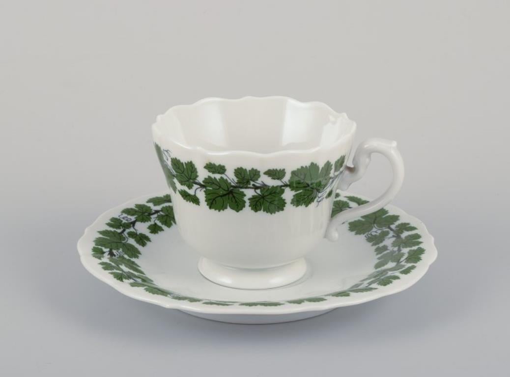 Glazed Meissen, Germany, Green Ivy Vine, three coffee cups with matching saucers. For Sale