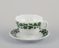 Meissen, Germany, Green Ivy Vine, two large breakfast cups with saucers.