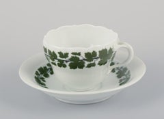Meissen, Germany, Green Ivy Vine, two large porcelain coffee cups with saucers.