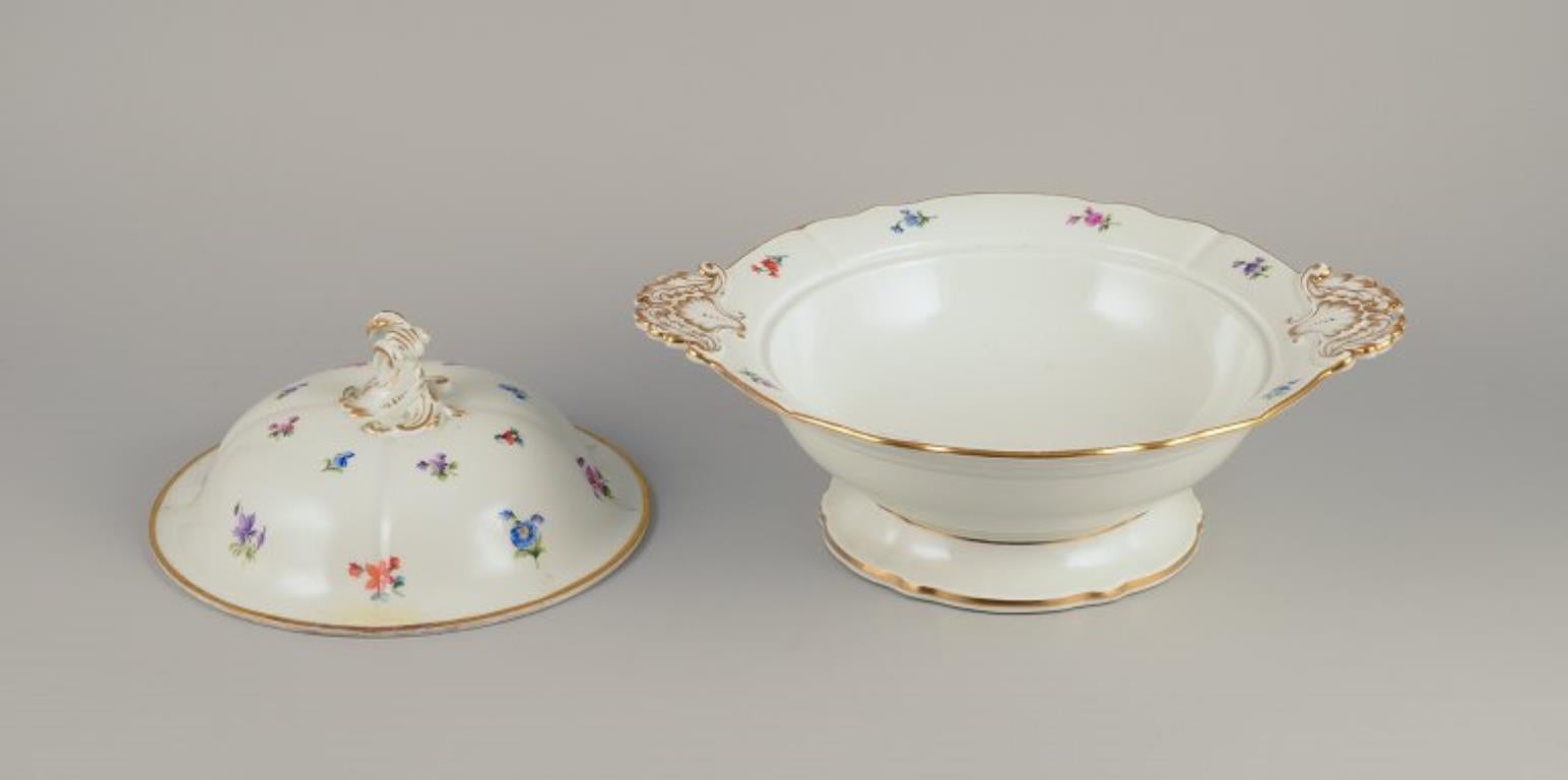Dipinto a mano Meissen, Germania, grande zuppiera rotonda con coperchio in porcellana.