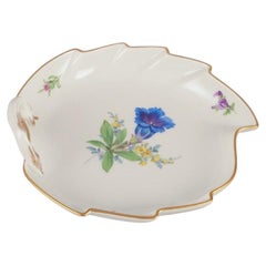 Vintage Meissen, Germany. Leaf-shaped porcelain dish. Hand-painted with flowers.