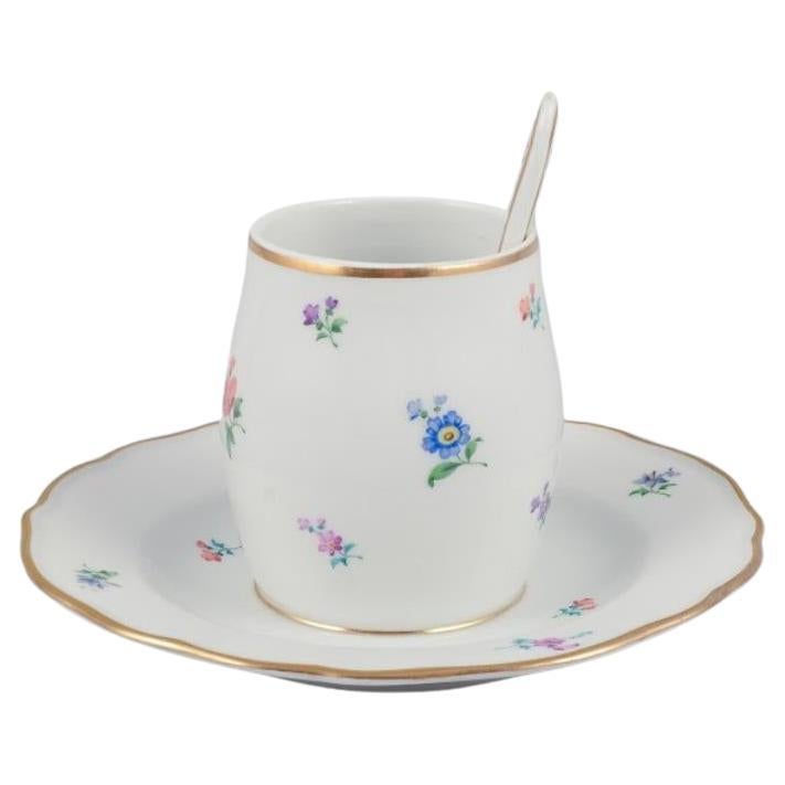 Meissen, Alemania, tarro de mostaza con cuchara original. Motivos florales