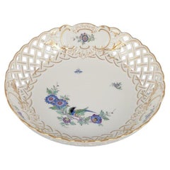 Vintage Meissen, Germany. Open lace bowl in porcelain, decorated with exotic bird.