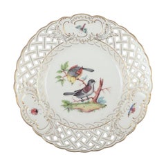 Meissen, Allemagne. Assiette en porcelaine ouverte à motif d'oiseaux et d'insectes