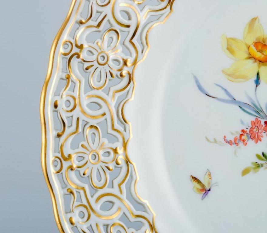 Hand-Painted Meissen, Germany, Openwork Plate Hand Painted with Flowers and Butterflies