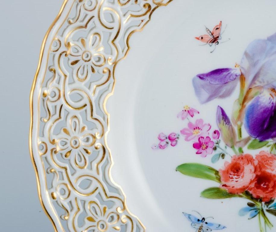 Hand-Painted Meissen, Germany, Openwork Porcelain Plate with Flowers and Butterflies