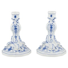 Meissen, Germany.  Pair of Blue Onion patterned candlesticks. 1920s/30s