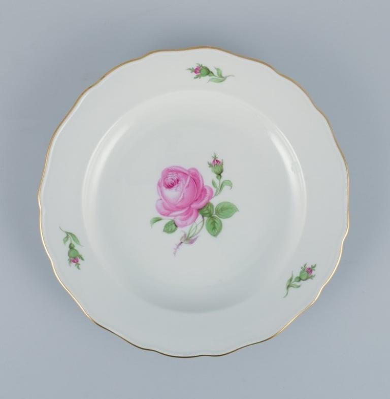 Hand-Painted Meissen, Germany, Pink Rose, Five Dinner Plates, Mid-20th Century For Sale