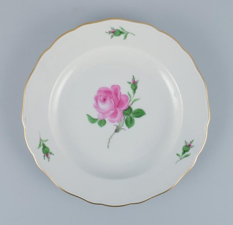 Porcelain Meissen, Germany, Pink Rose, Five Dinner Plates, Mid-20th Century For Sale