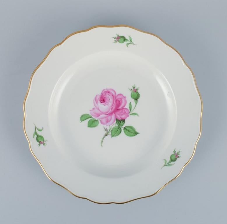 Porcelain Meissen, Germany, Pink Rose, Five Dinner Plates, Mid-20th Century For Sale