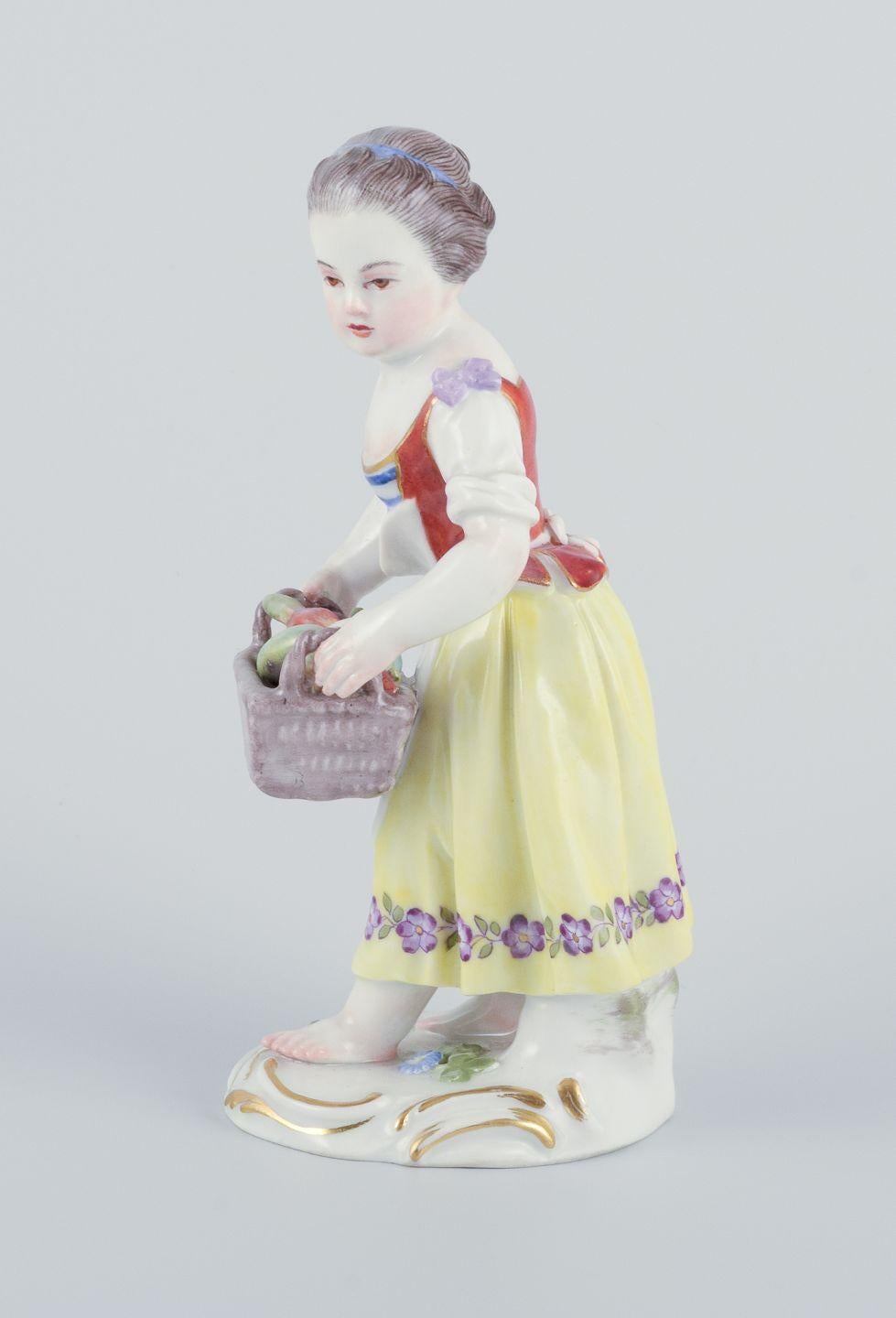 Pre-owned goods are exempt from import duties for U.S. customers. 
Therefore, no import tariffs will be applicable to your purchase.

Meissen, Germany. Porcelain figurine of girl with basket.
Polychrome overglaze.
Model 1077
Dating: Ca.