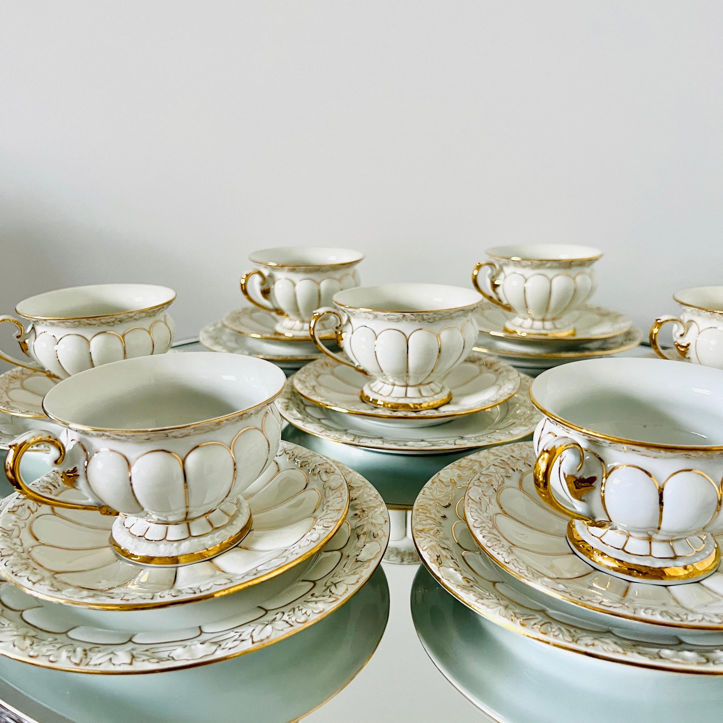 Baroque Revival Meissen Germany Porcelain Gold Baroque Cups, Saucers, & Dessert Plates 40 pc/Set For Sale