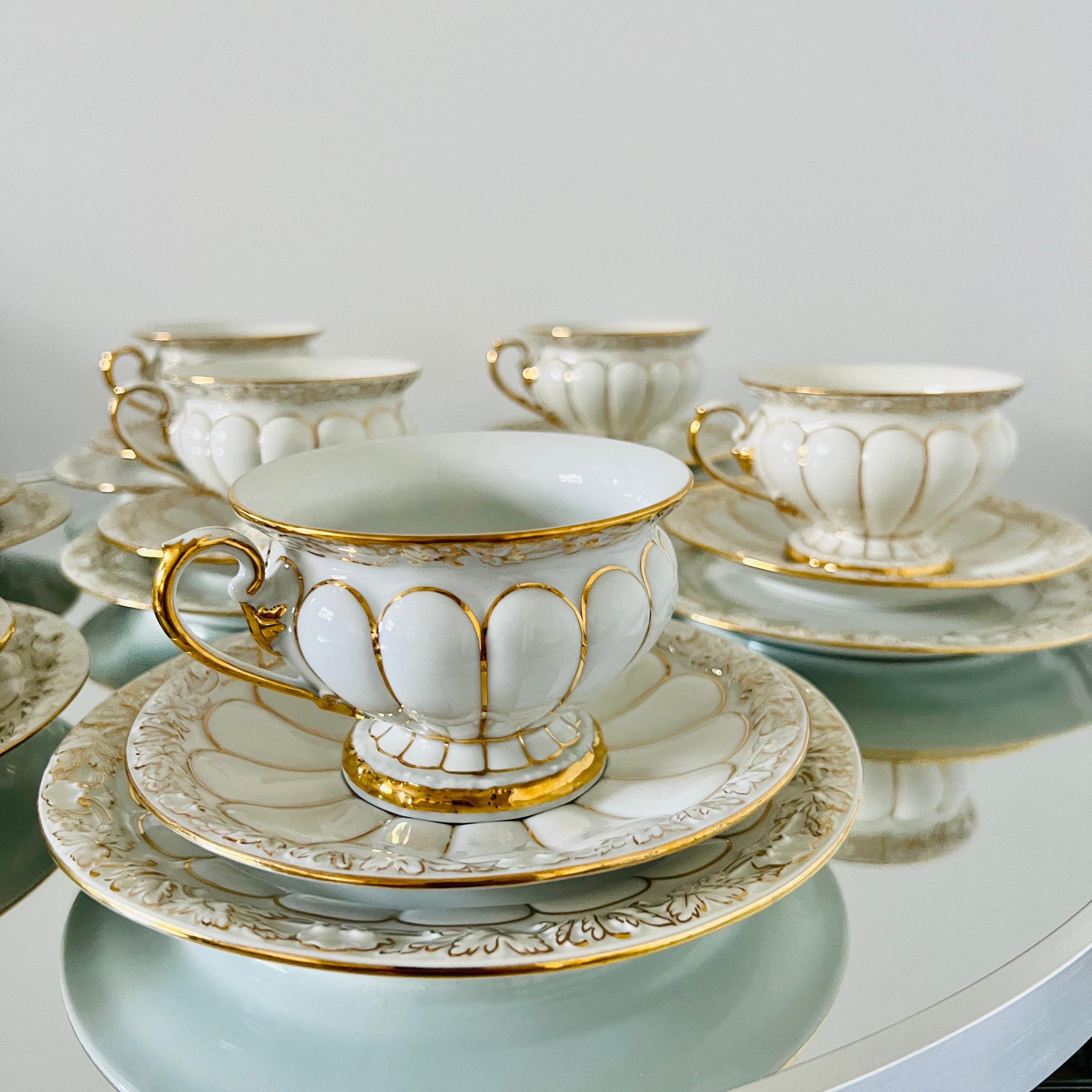 Glazed Meissen Germany Porcelain Gold Baroque Cups, Saucers, & Dessert Plates 40 pc/Set For Sale