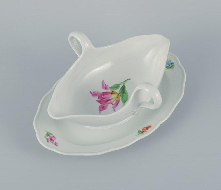 Hand-Painted Meissen, Germany, Porcelain Sauce Boat on Foot with Floral Motifs For Sale