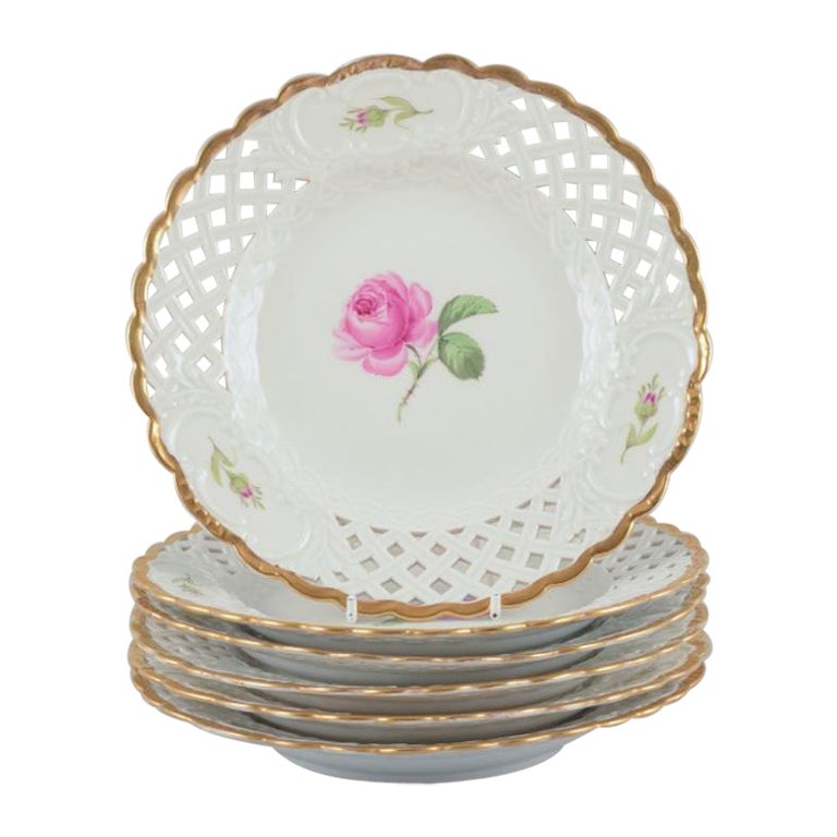 Meissen, Germany.  Set of six "Pink Rose" reticulated lunch plates.