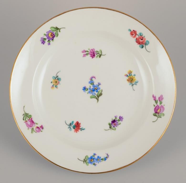 Porcellana Meissen, Germania, sei piatti con motivi floreali policromi, bordo dorato. in vendita
