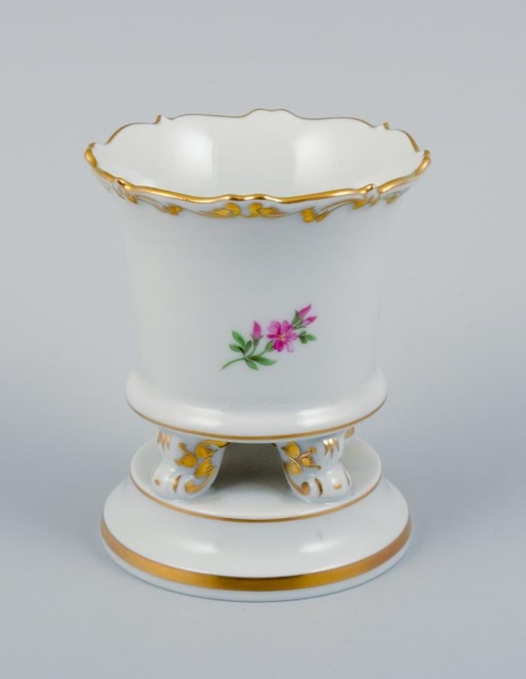 Porcelain Meissen, Germany, Small Vase on Four Feet Hand Painted with Floral Motif For Sale