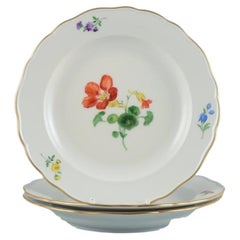 Meissen, Allemagne. Trois assiettes en porcelaine peintes à la main avec des motifs floraux.