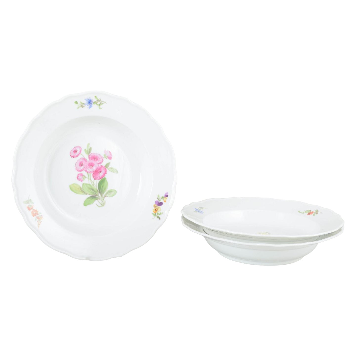 Meissen, Germany. Three porcelain soup plates with floral decoration. Ca. 1930s