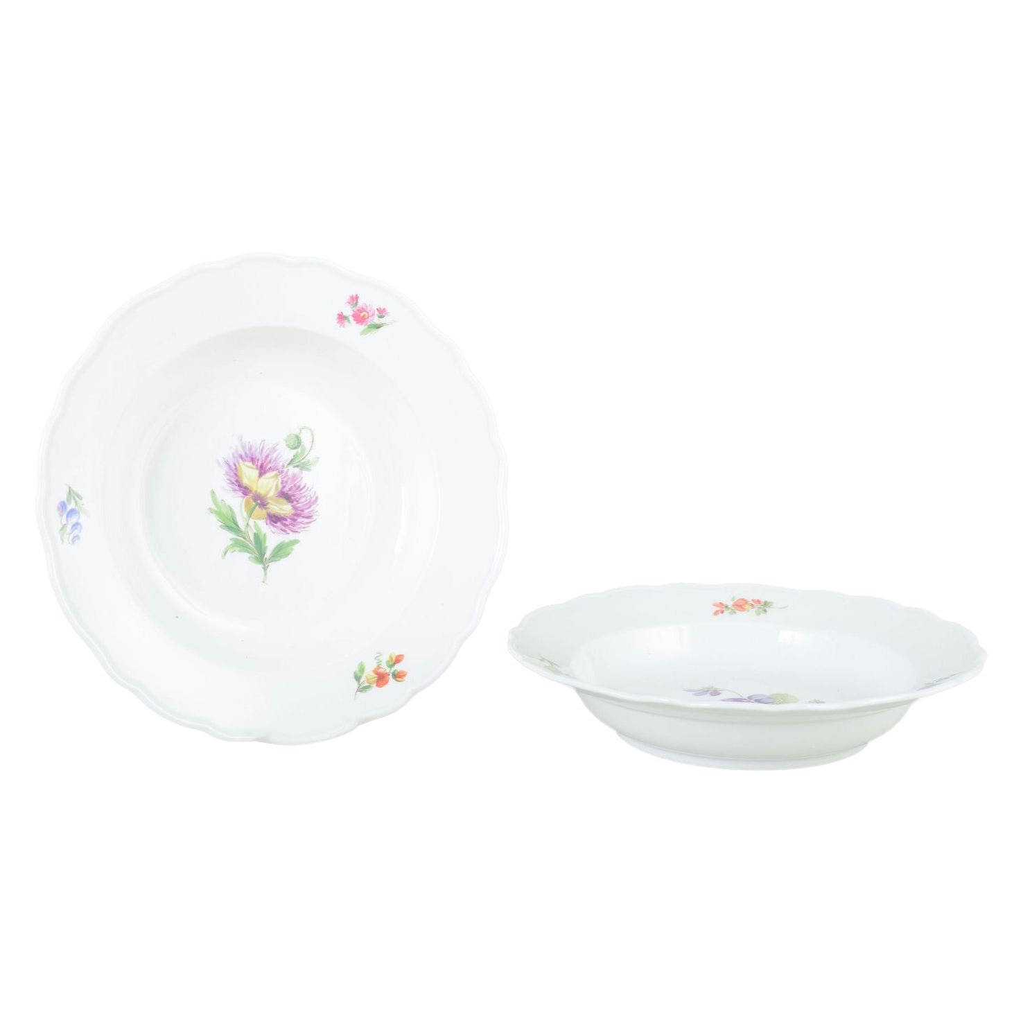 Meissen, Germany. Two porcelain soup plates with floral decoration. Ca. 1930s