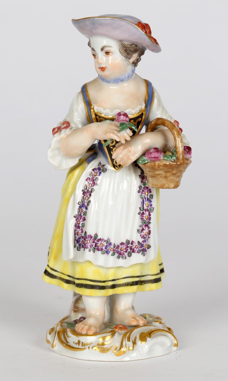 Meissen Girl with Basket and Flower Figurine After JJ Kaendler For Sale 6