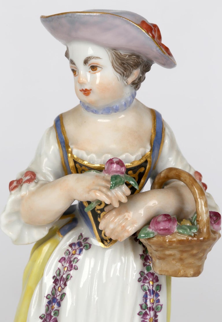 Meissen Girl with Basket and Flower Figurine After JJ Kaendler For Sale 7