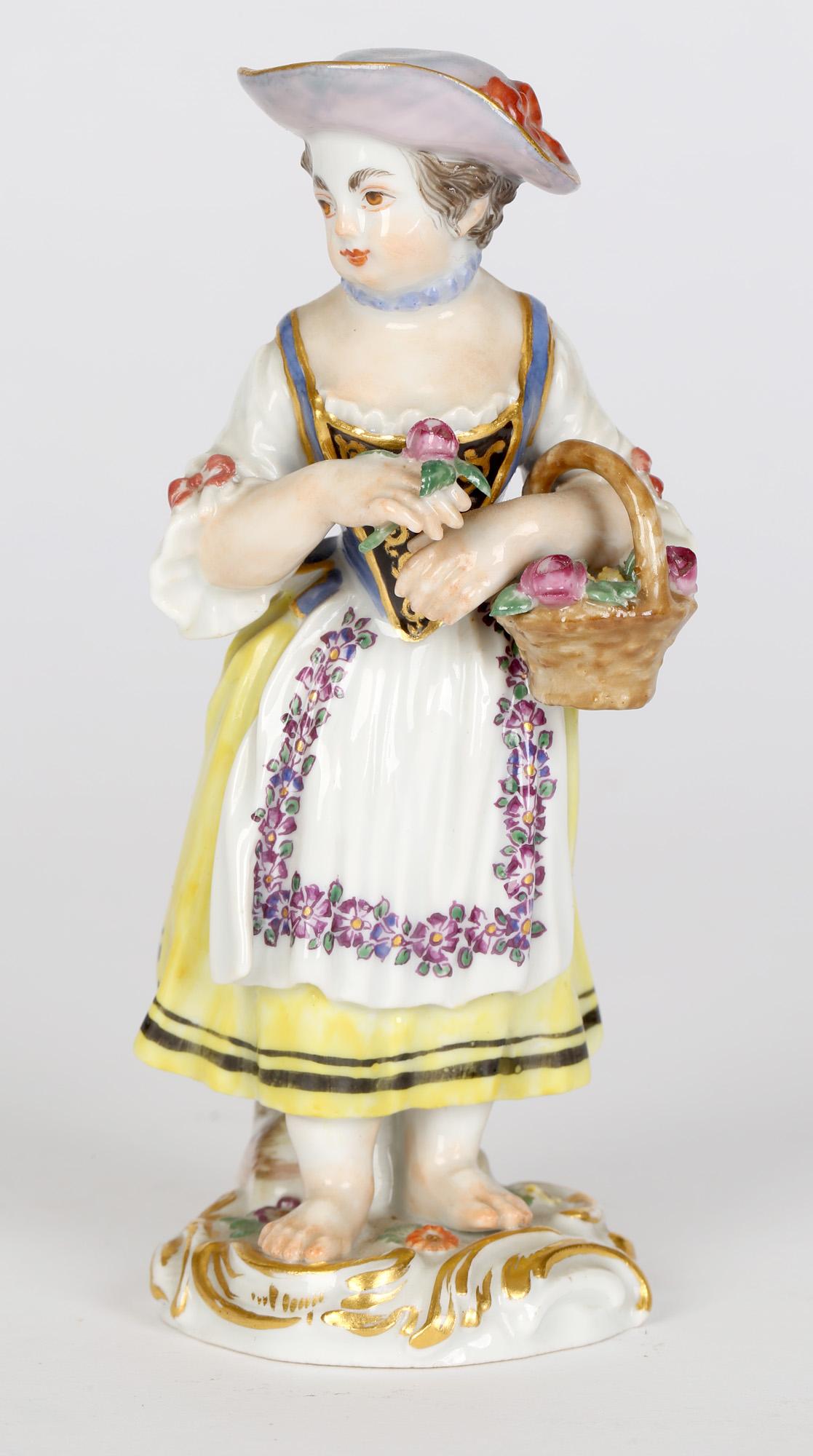 Victorian Meissen Girl with Basket and Flower Figurine After JJ Kaendler