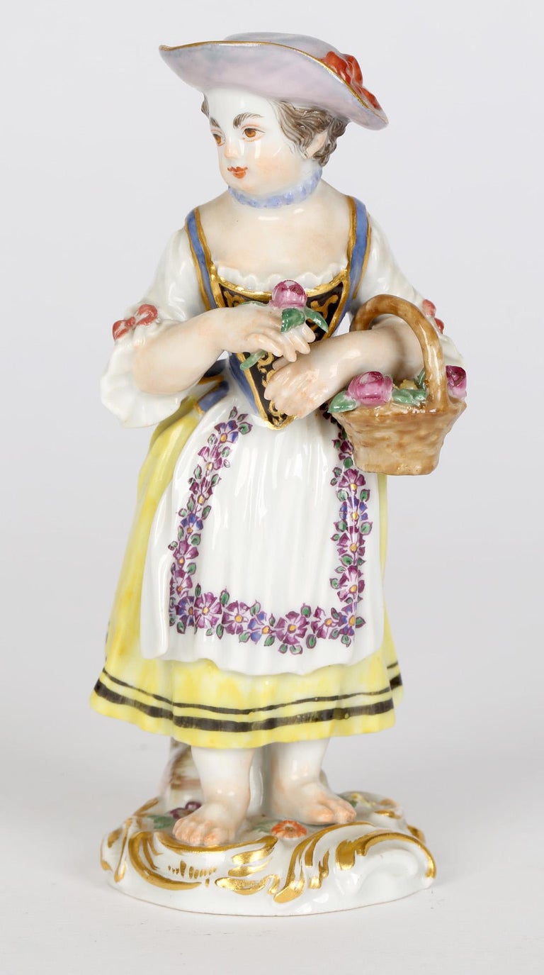 Victorian Meissen Girl with Basket and Flower Figurine After JJ Kaendler For Sale