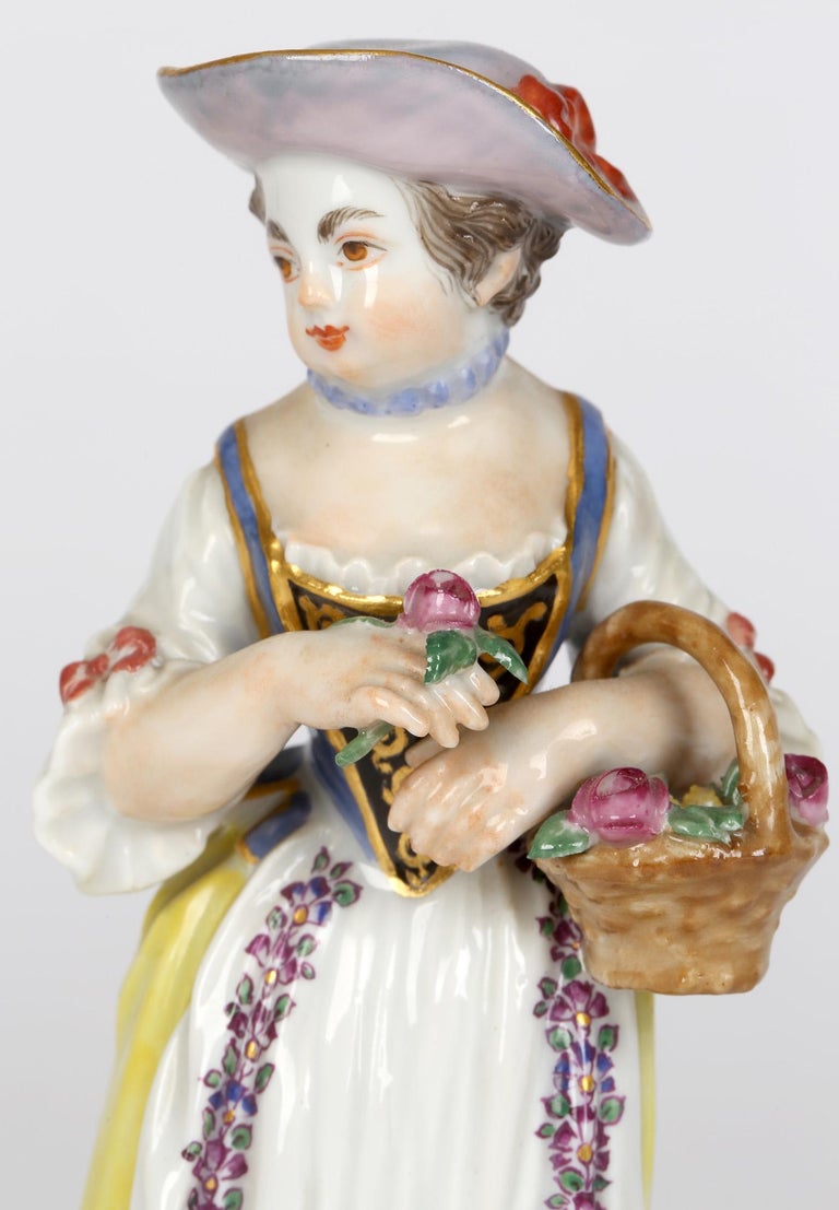 German Meissen Girl with Basket and Flower Figurine After JJ Kaendler For Sale
