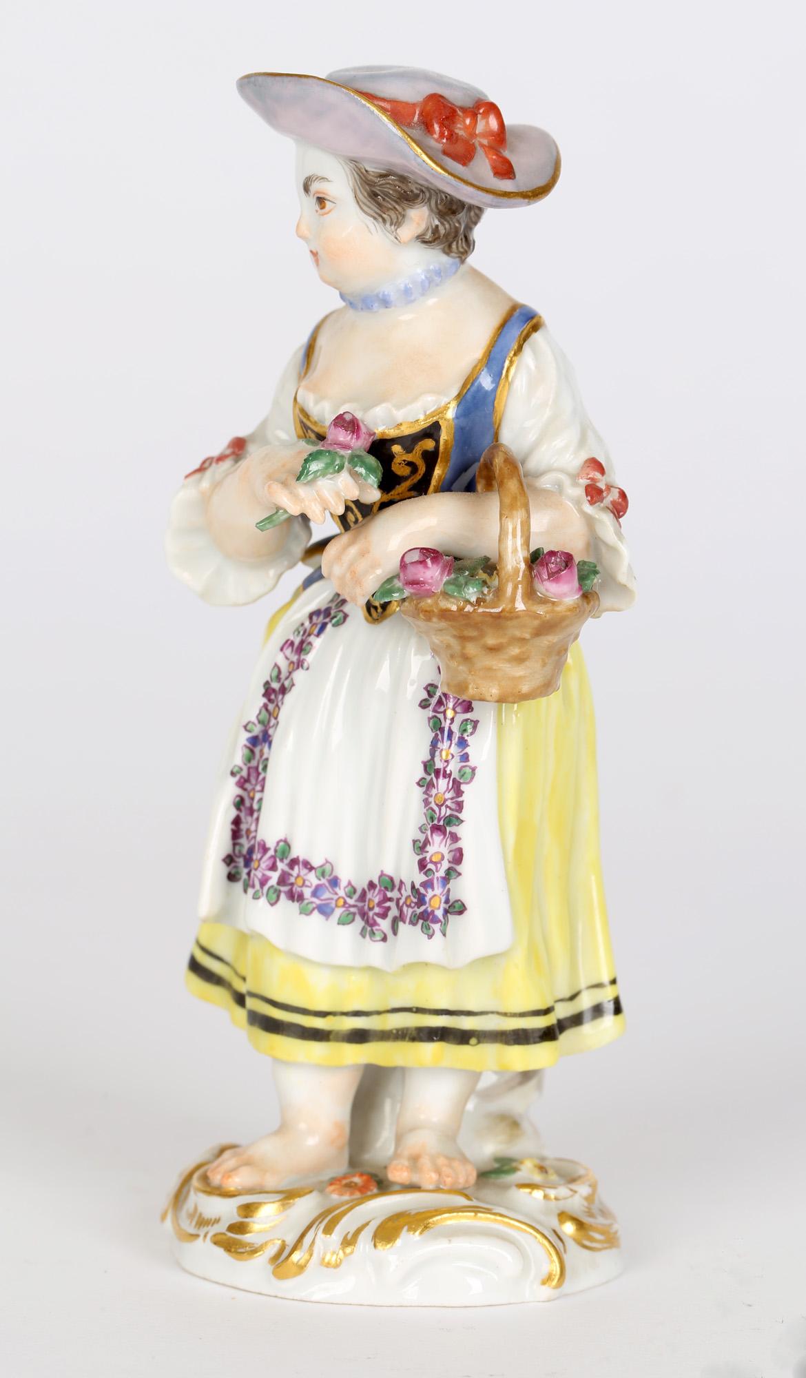 Hand-Painted Meissen Girl with Basket and Flower Figurine After JJ Kaendler