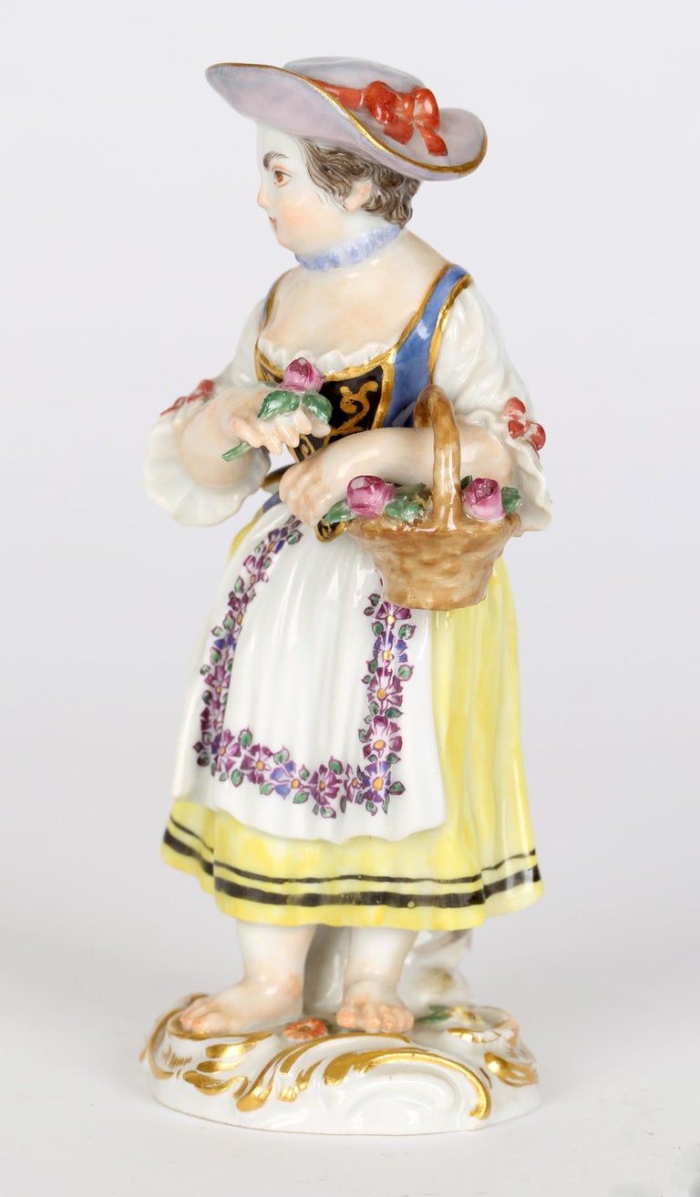 Hand-Painted Meissen Girl with Basket and Flower Figurine After JJ Kaendler For Sale