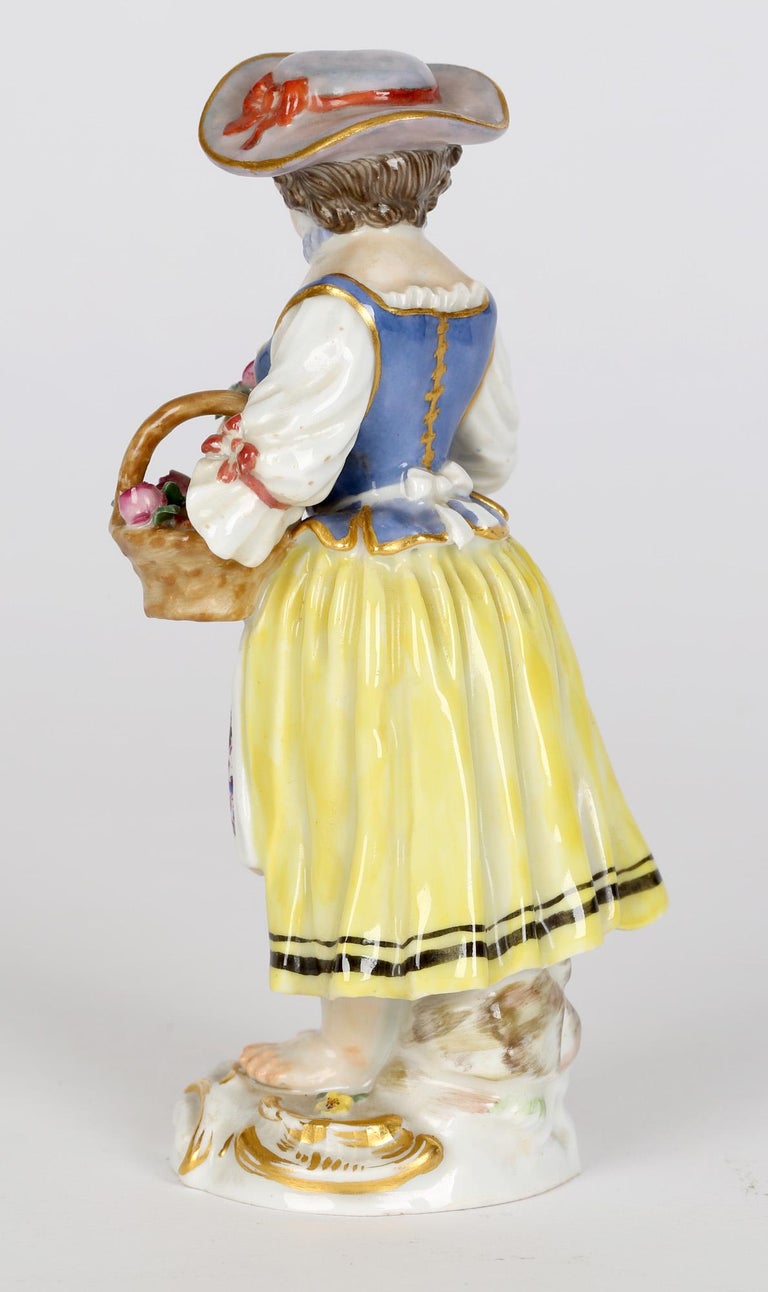 Porcelain Meissen Girl with Basket and Flower Figurine After JJ Kaendler For Sale