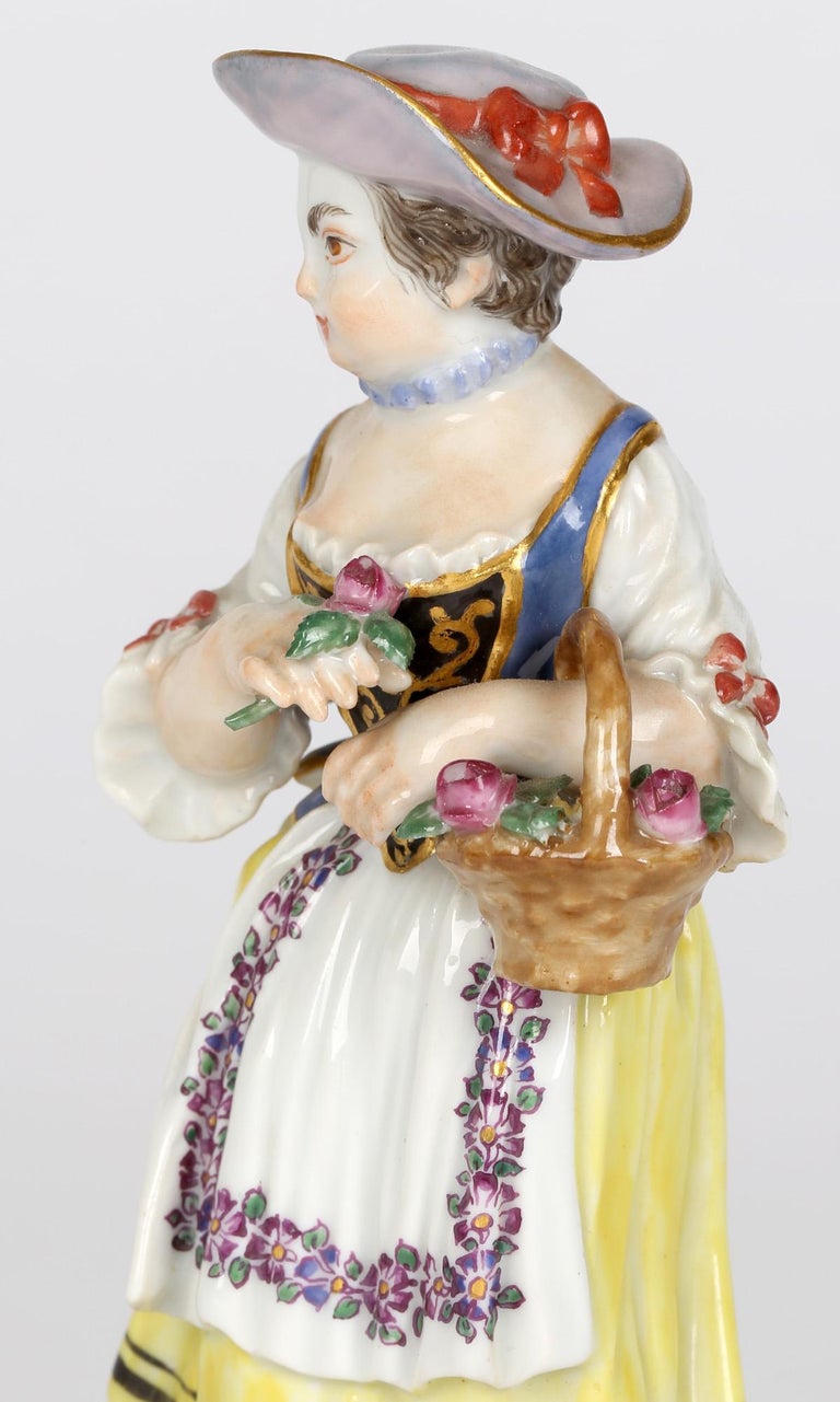 Meissen Girl with Basket and Flower Figurine After JJ Kaendler For Sale 1