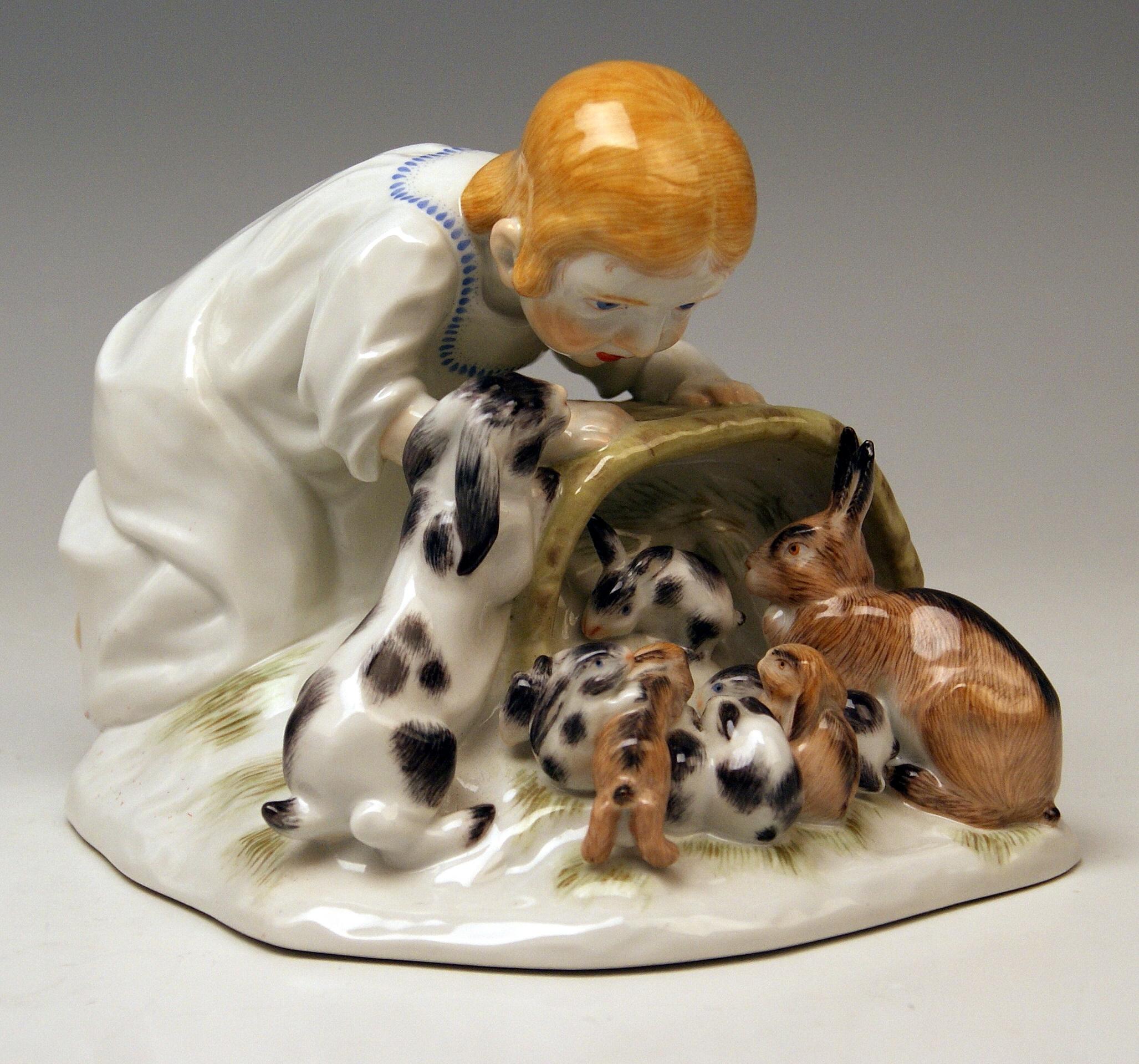 Painted Meissen Girl with Rabbits Model 73441 Z 148 Max Bochmann Made 20th Century